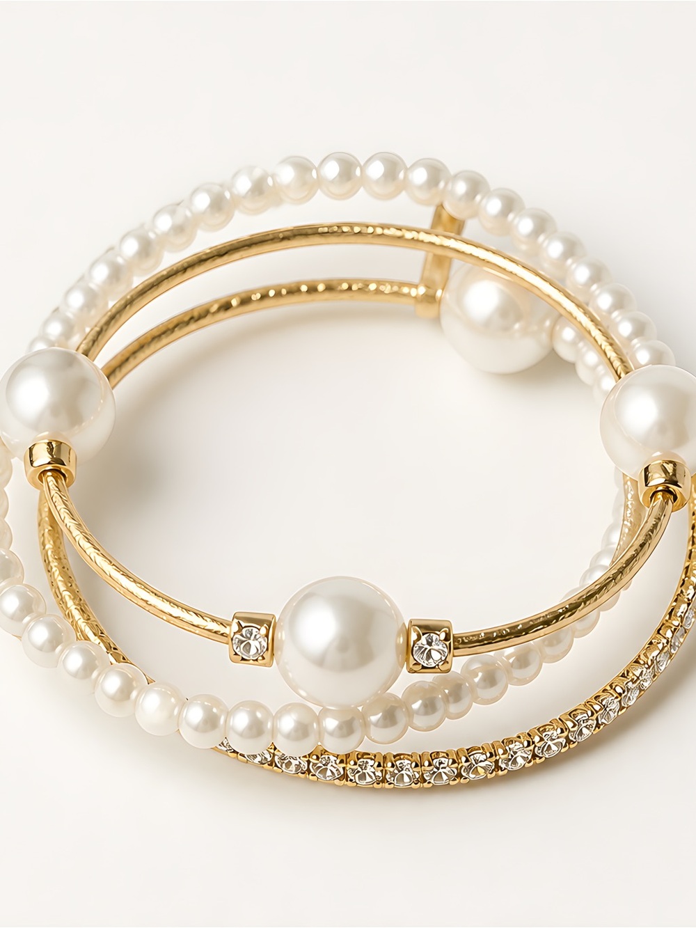 Fashion Jewelry Gold and White Pearl Layered Bangle Set
